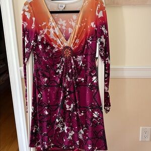 ECI New York Abstract Floral Plum Orange Tunic Top Beaded Embellished Sz S